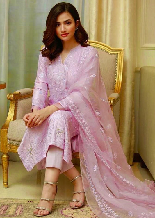 Baby pink georgette embroidered salwar suit