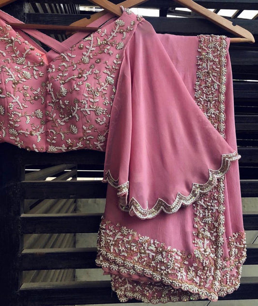 baby pink georgette embroidered saree