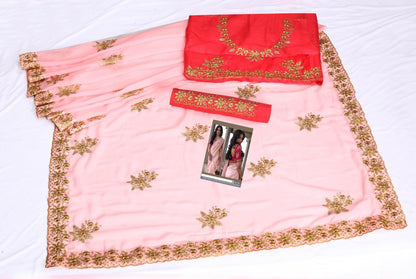Baby pink georgette embroidered wedding saree