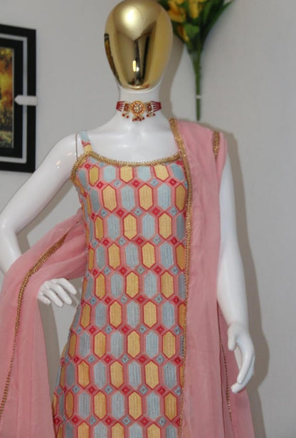 Baby pink georgette embroidered work party wear sharara suit