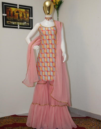 Baby pink georgette embroidered work party wear sharara suit