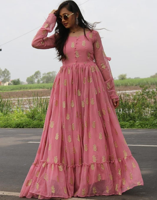 Baby pink georgette embroidery work party wear ruffle gown