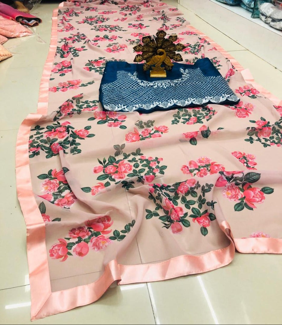 Baby pink georgette floral printed saree