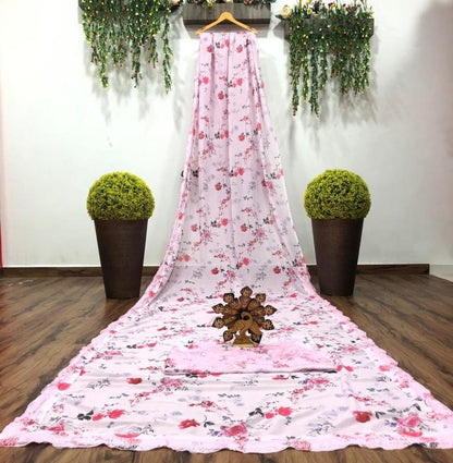 Baby pink georgette floral printed sequence work saree