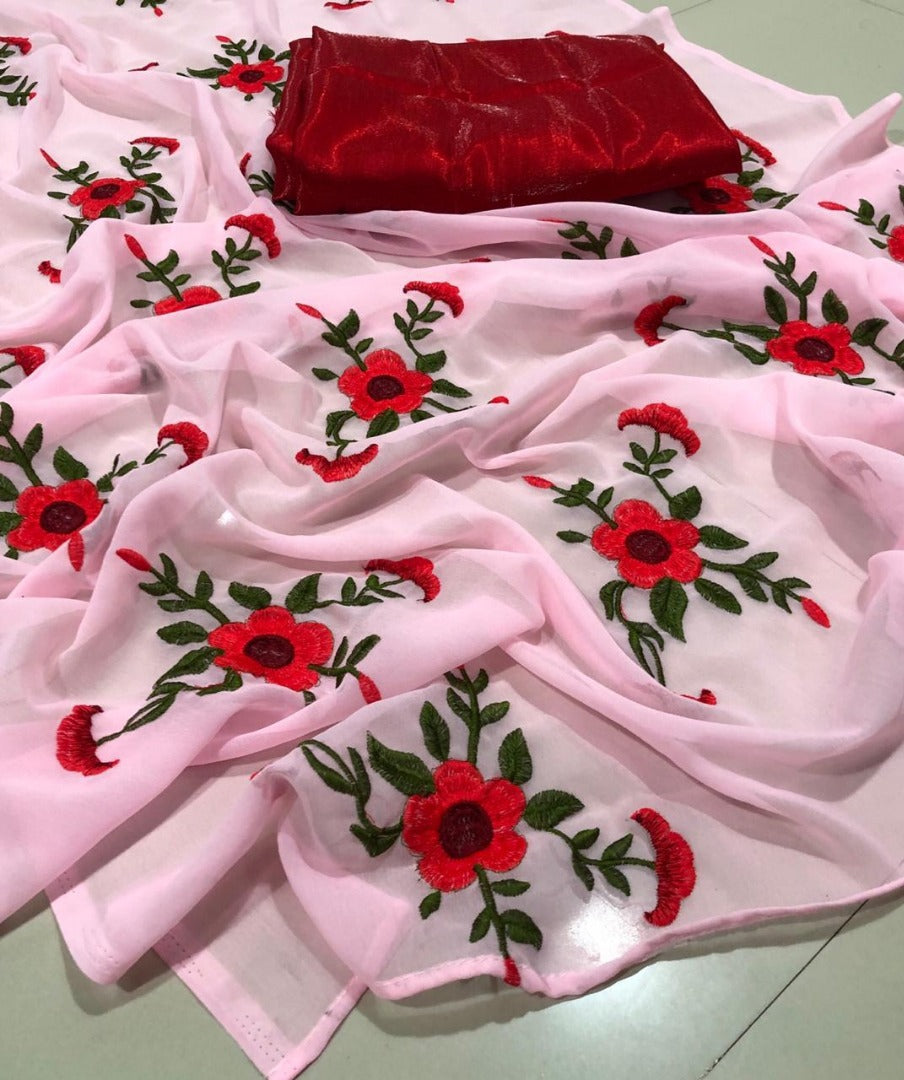 Baby pink georgette flower embroidered saree