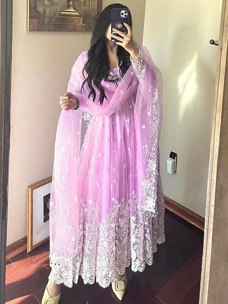 Baby pink georgette heavy chainstitch embroidery party wear anarkali suit