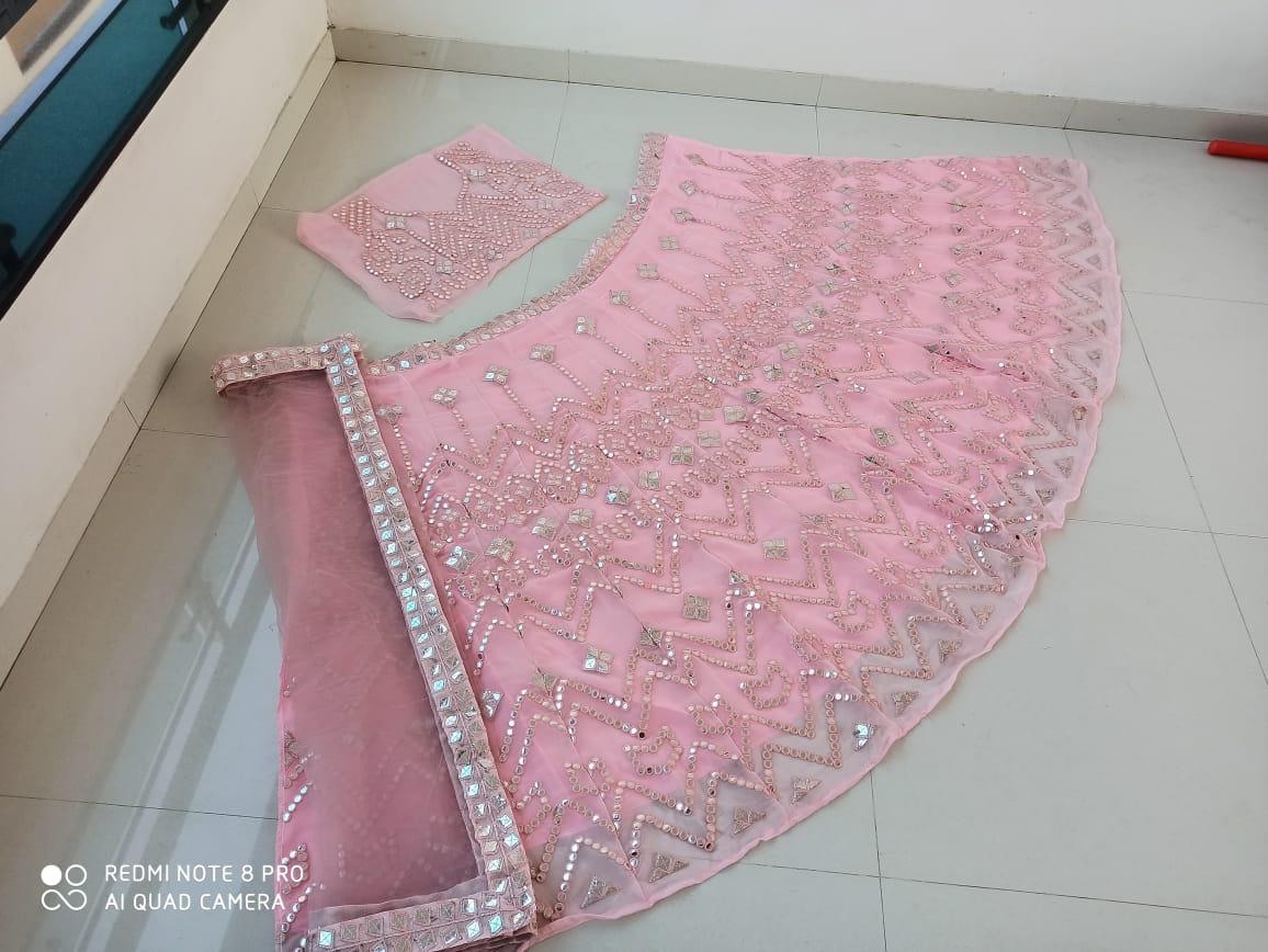 Baby pink georgette paper mirror embroidered wedding lehenga choli