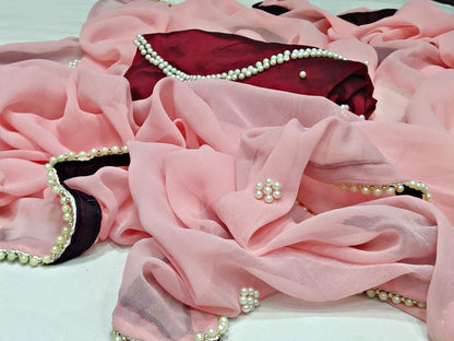 Baby pink georgette pearl border saree