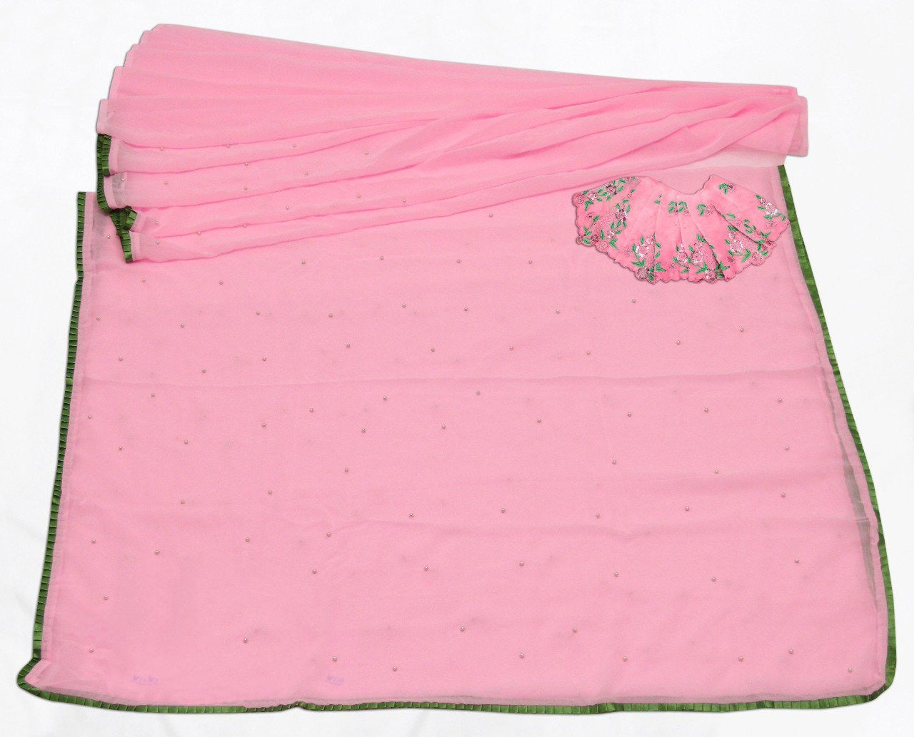Baby pink georgette pearl work saree with long choli