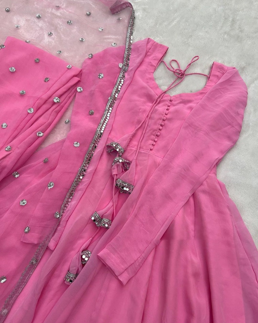 Baby pink georgette plain party wear anarkali suit