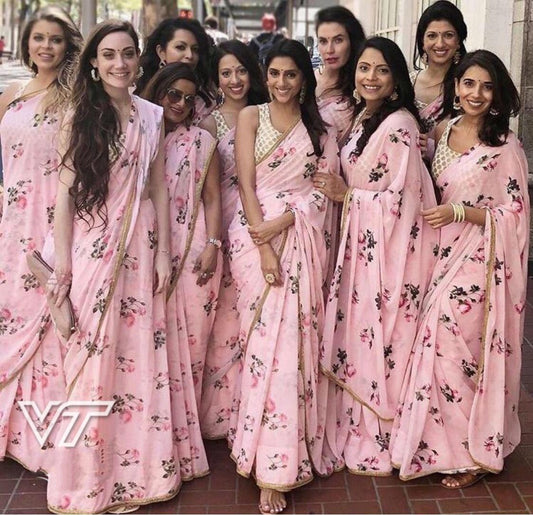 baby pink georgette printed bridemade saree