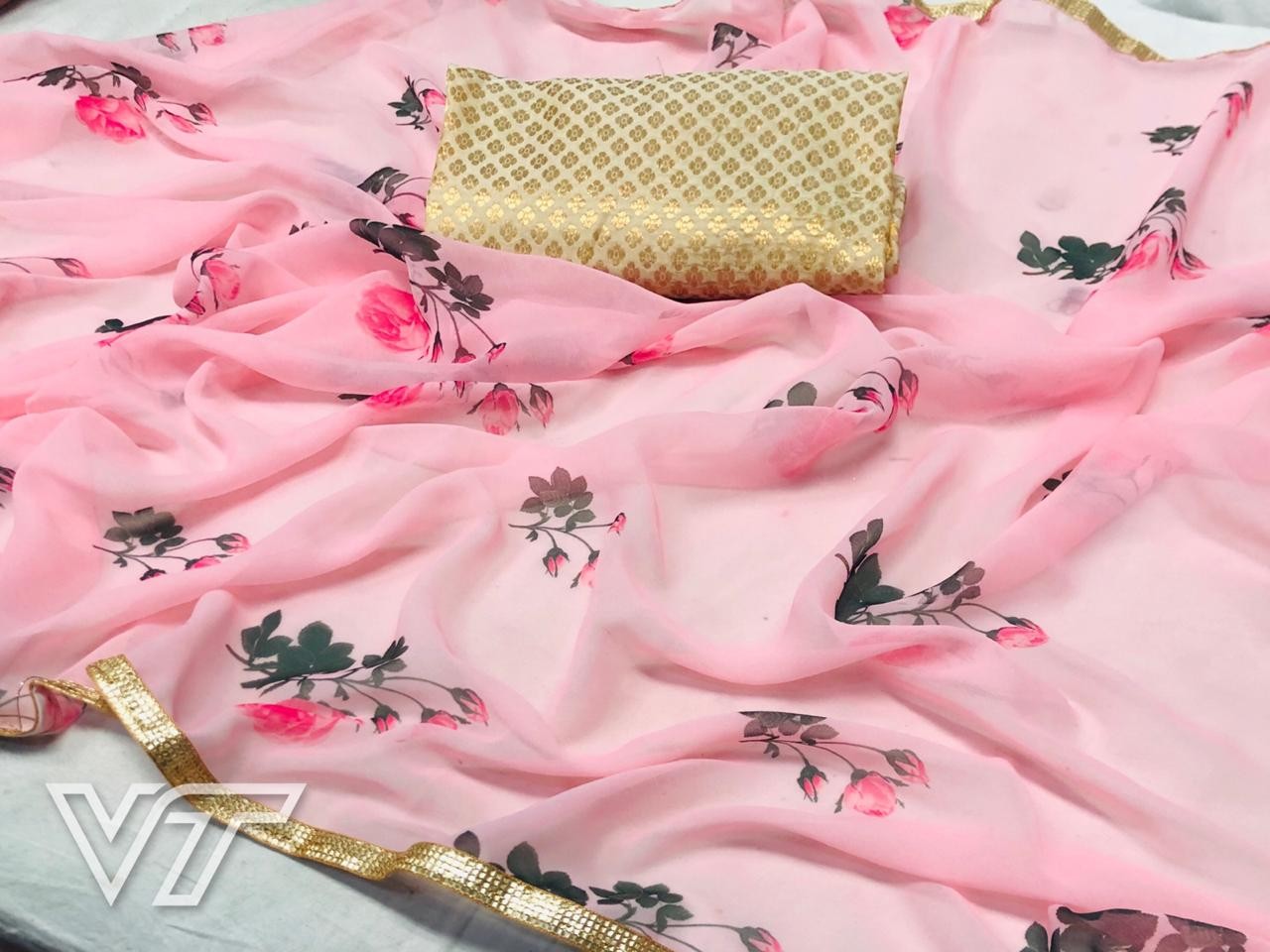 baby pink georgette printed bridemade saree