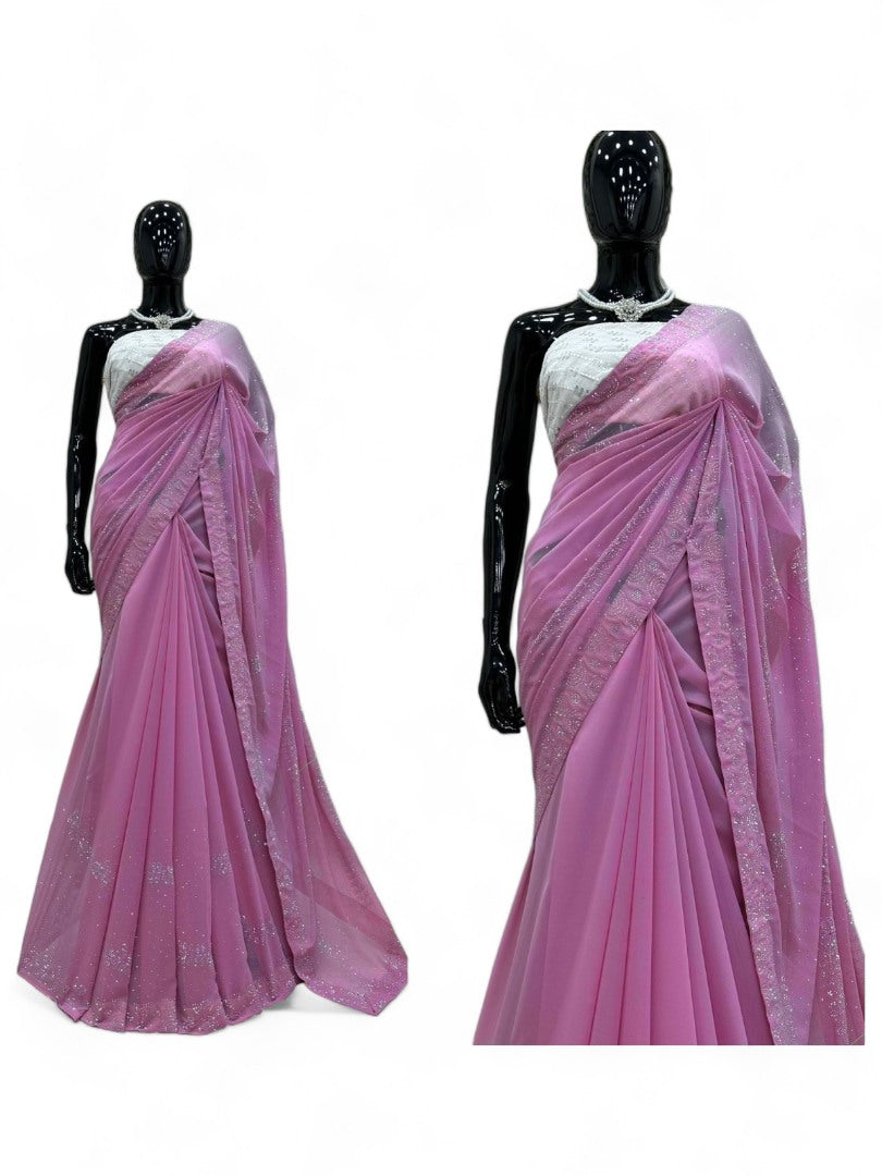 Baby pink georgette shiny hot fix work party wear saree