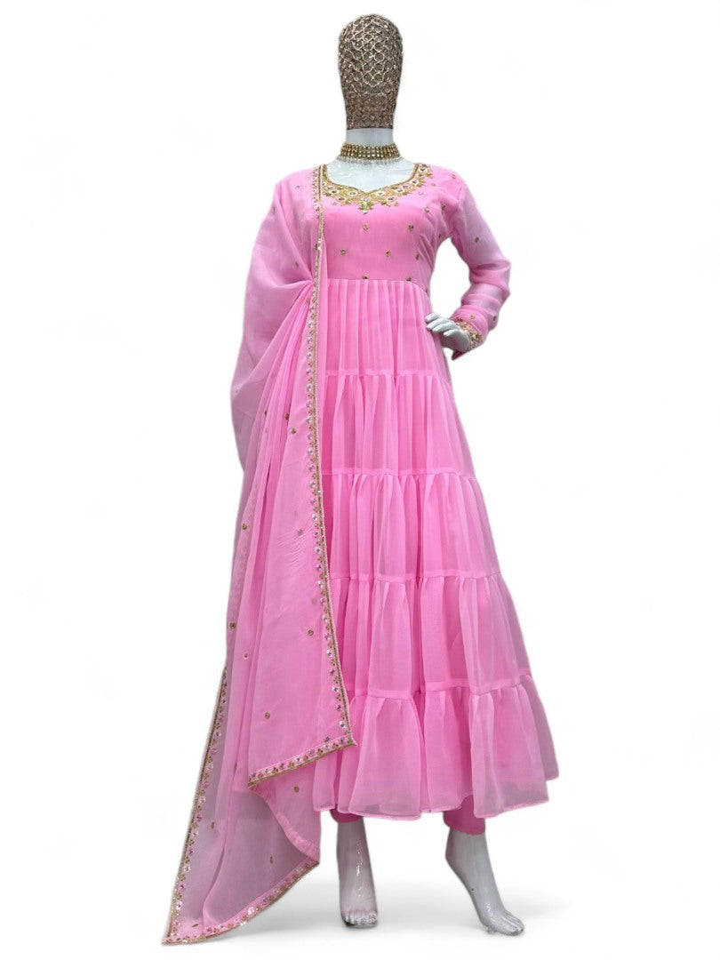 Baby pink georgette thread sequence work heavy flair party wear gown