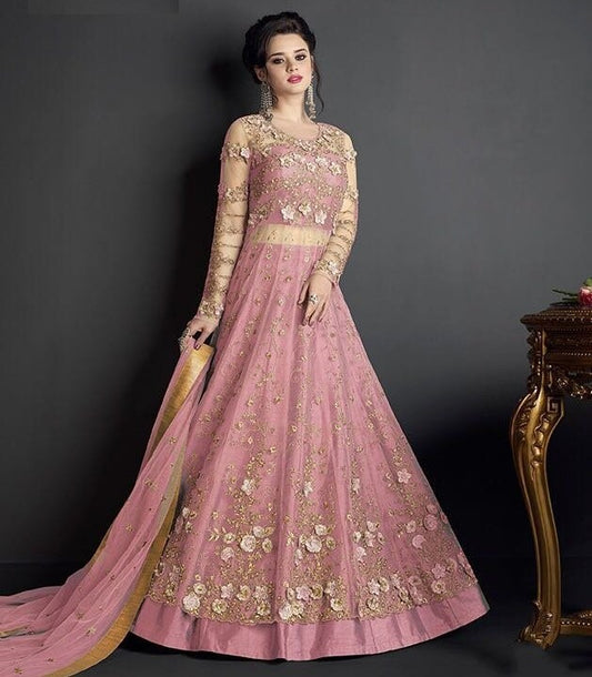 Baby pink heavy net designer embroidered wedding gown