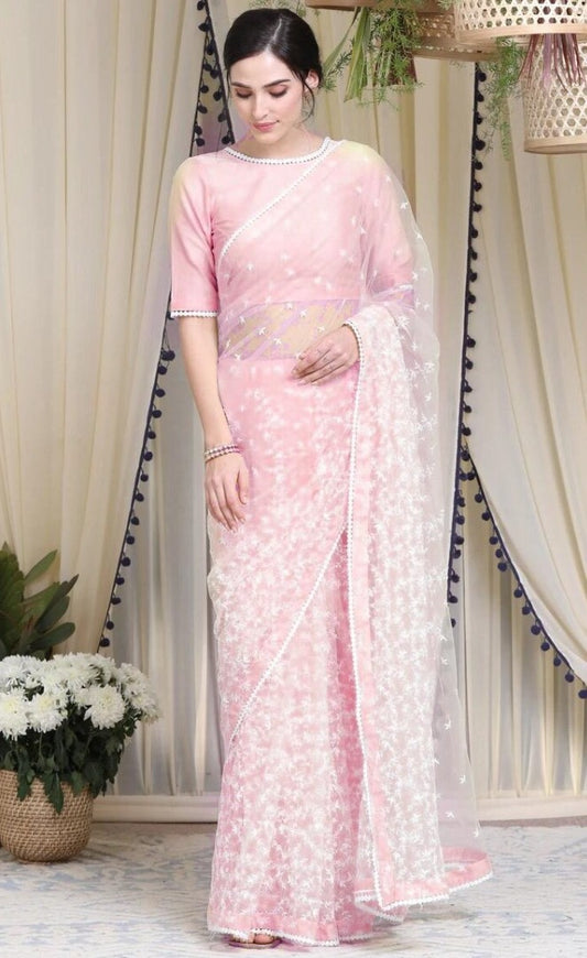 Baby pink heavy soft net thread work elegant look saree