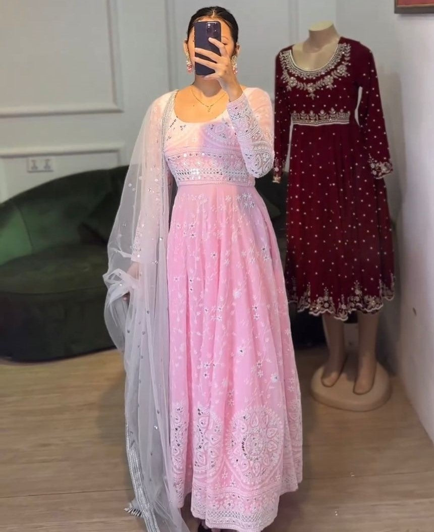 Baby pink heavy work wedding anarkali suit gown