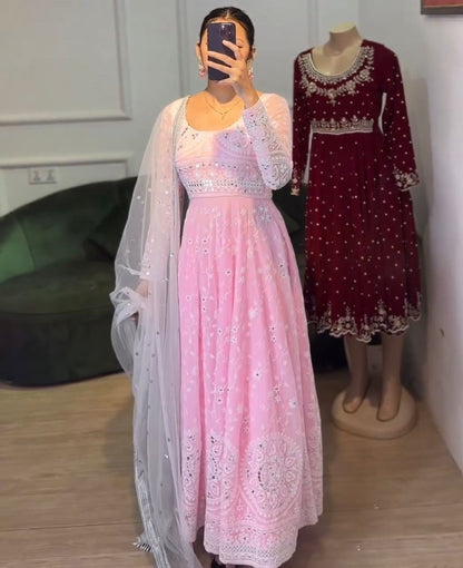 Baby pink heavy work wedding anarkali suit gown