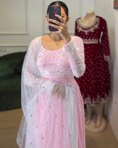 Baby pink heavy work wedding anarkali suit gown