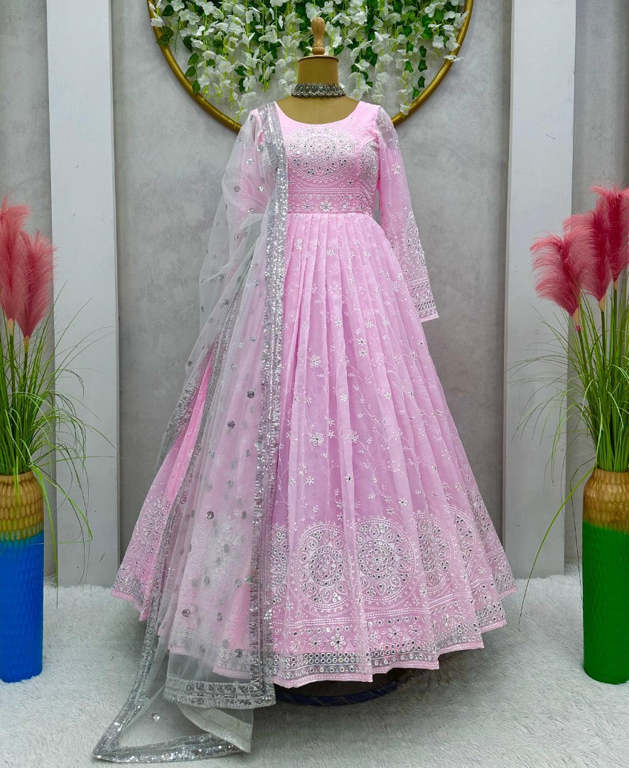 Baby pink heavy work wedding anarkali suit gown