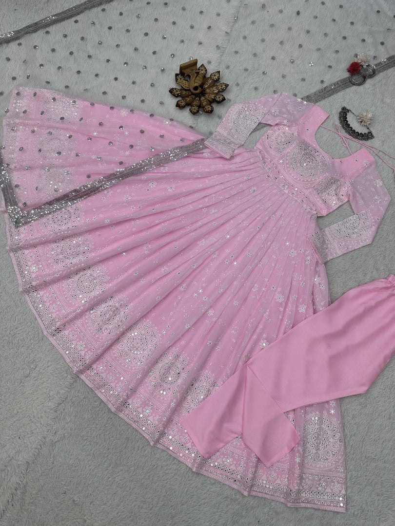 Baby pink heavy work wedding anarkali suit gown