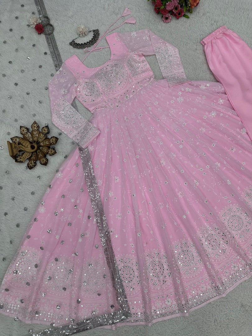 Baby pink heavy work wedding anarkali suit gown