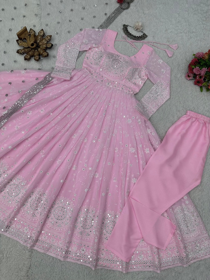 Baby pink heavy work wedding anarkali suit gown