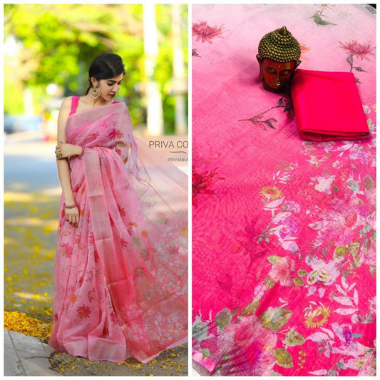 baby pink linen digital printed saree