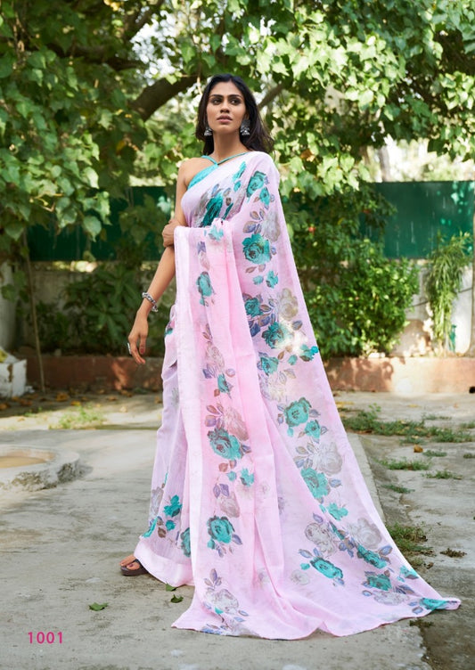 baby pink linen silk floral digital printed saree