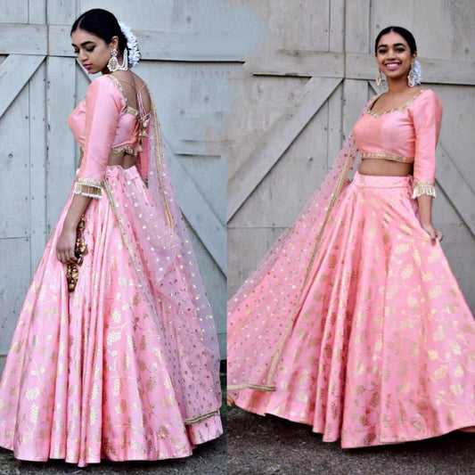 Baby pink moss georgette foil printed lehenga choli for ceremony