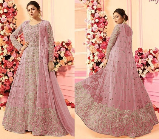Baby pink net heavy embroidered wedding gown