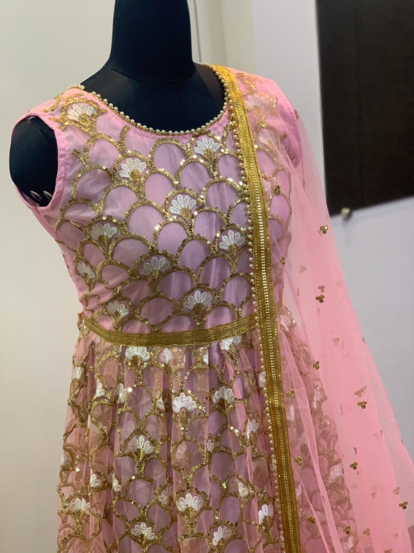 Baby pink net heavy sequence and thread worked anarkali suit