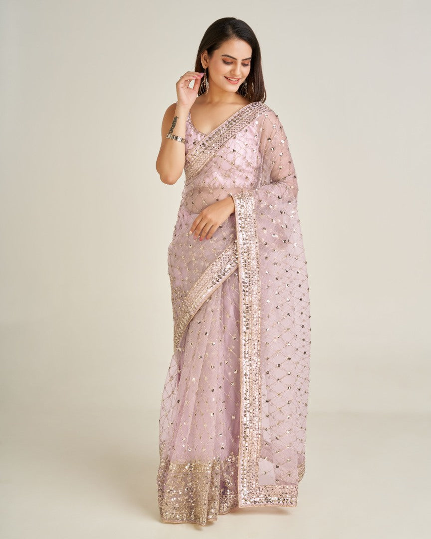 Baby pink net sequins dori work wedding saree