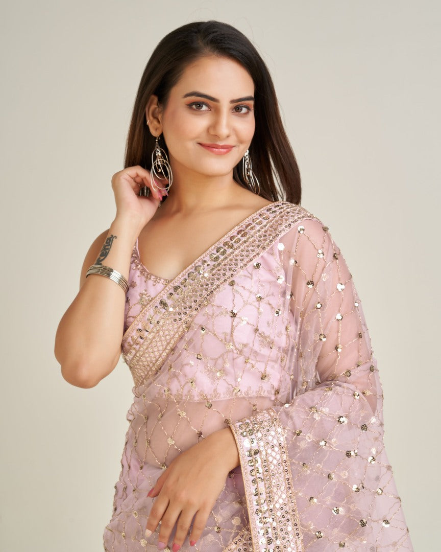 Baby pink net sequins dori work wedding saree