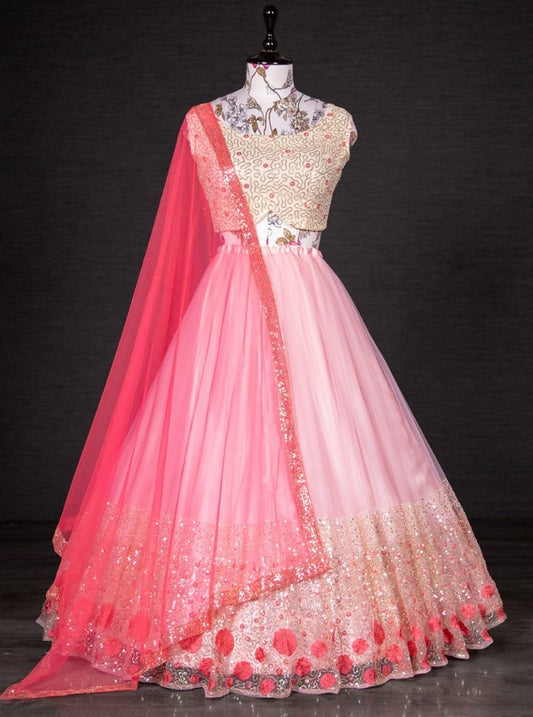 Baby pink net sequins embroidered work girlish lehenga choli