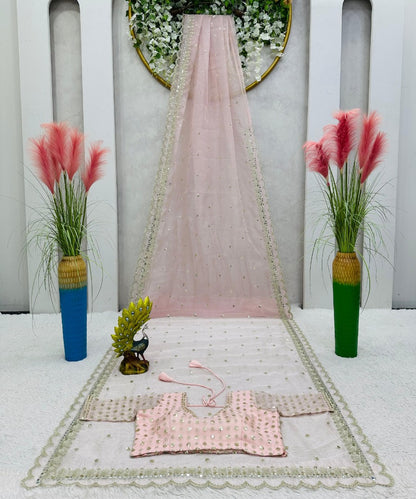 Baby pink organza designer wedding saree