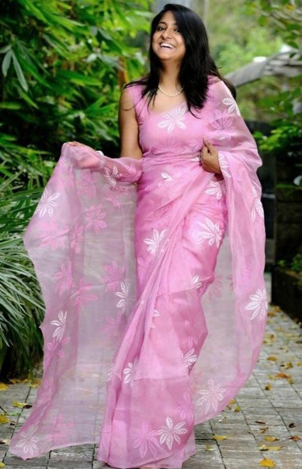 Baby pink organza digital flower printed saree