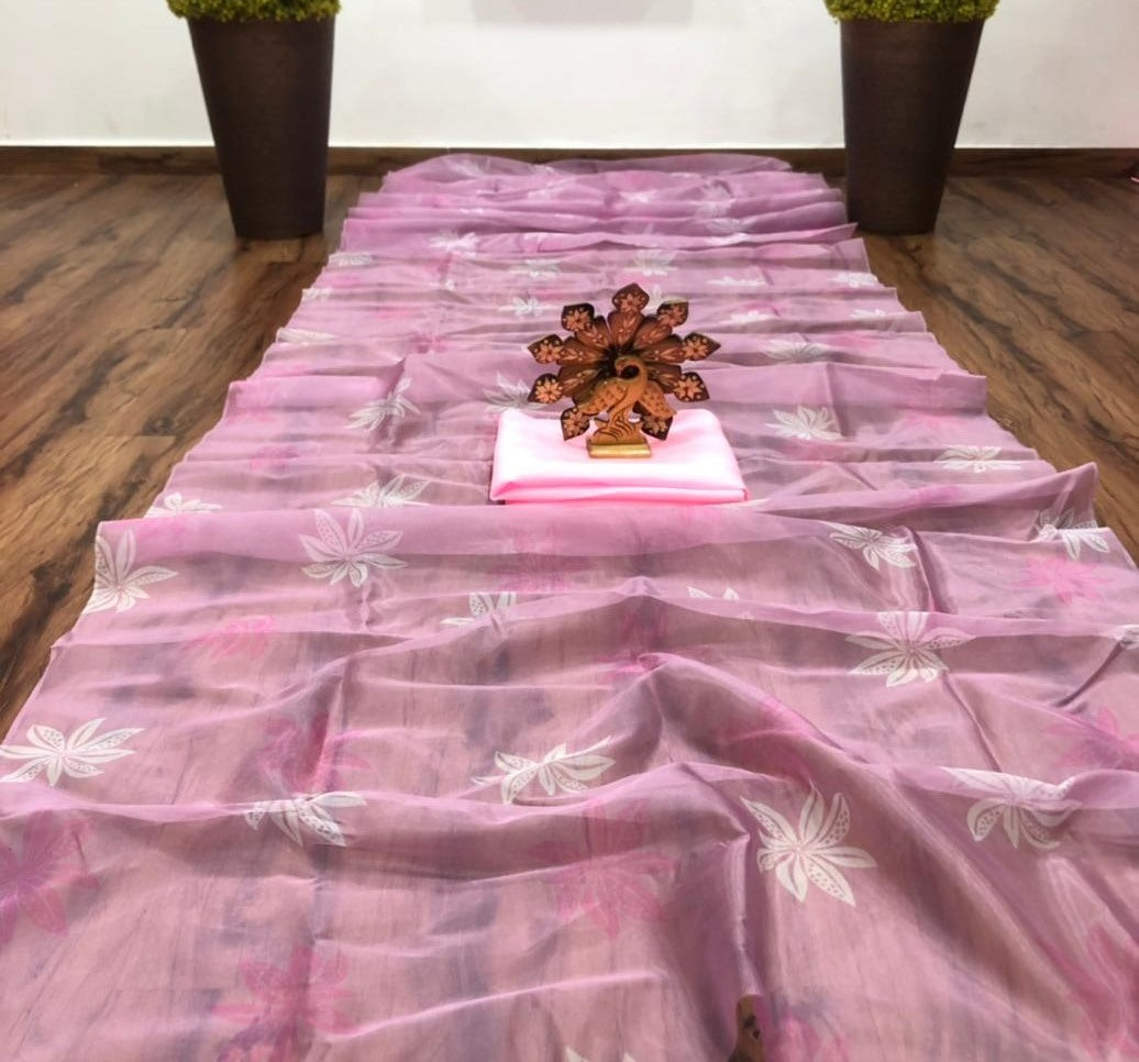 Baby pink organza digital flower printed saree