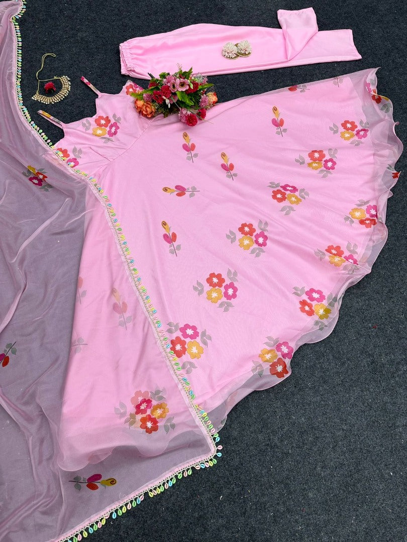 Baby pink organza floral printed gown with kodi border dupatta