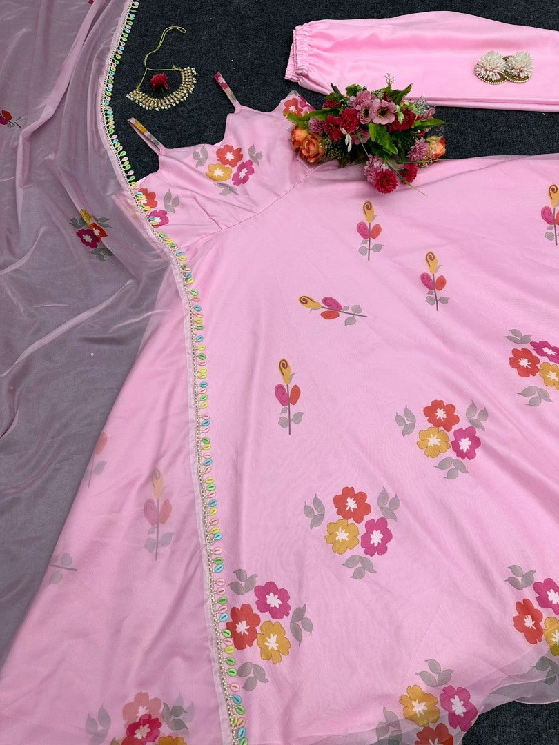 Baby pink organza floral printed gown with kodi border dupatta