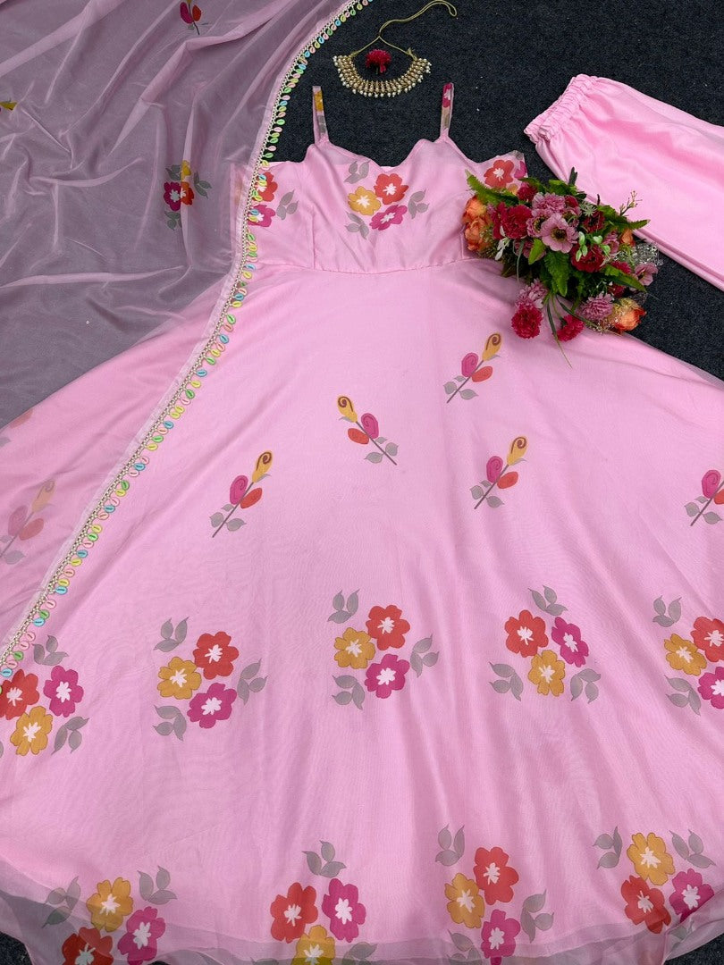 Baby pink organza floral printed gown with kodi border dupatta