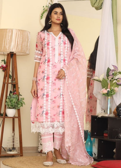 Baby pink organza print and thread work pant salwar suit