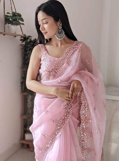 Baby pink organza real mirror work saree