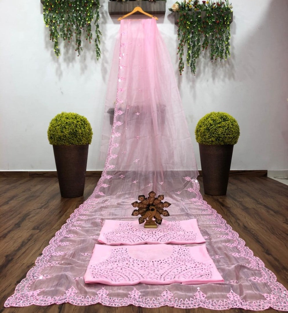 Baby pink organza real mirror work saree