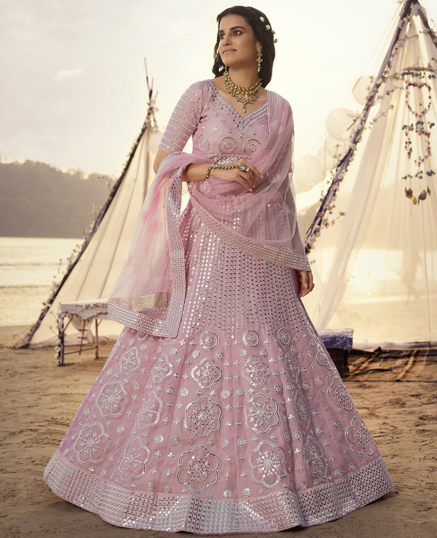 Baby pink organza thread foil & mirror work bridal lehenga choli