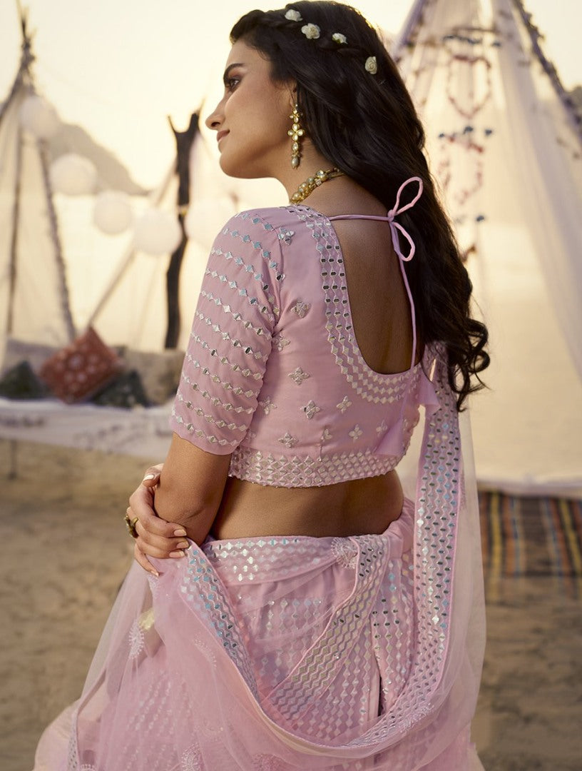 Baby pink organza thread foil & mirror work bridal lehenga choli