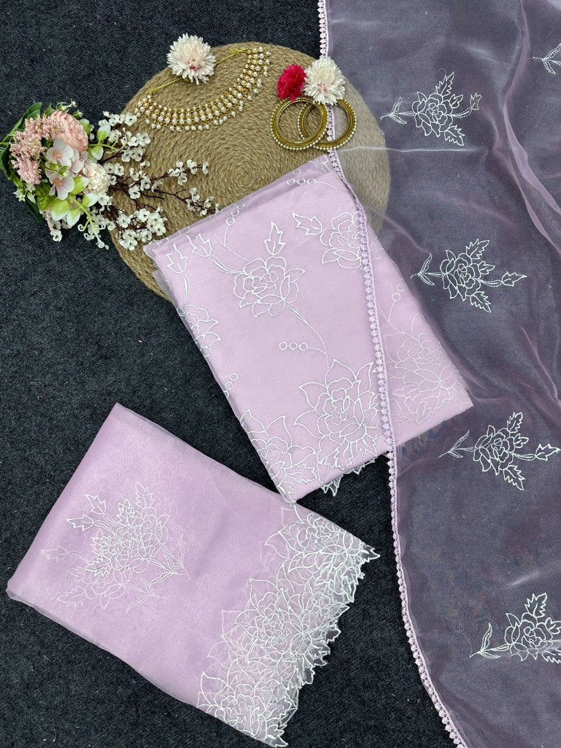 Baby pink organza thread work unstitched salwar suit