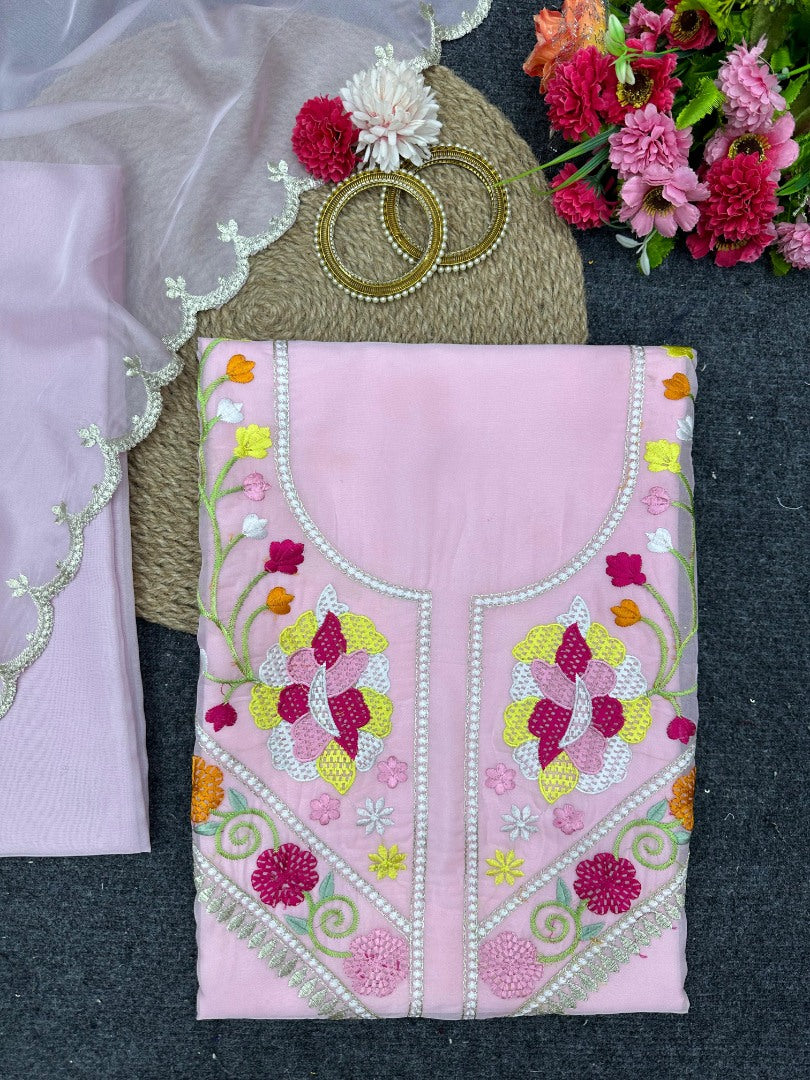 Baby pink organza thread work unstitched salwar suit