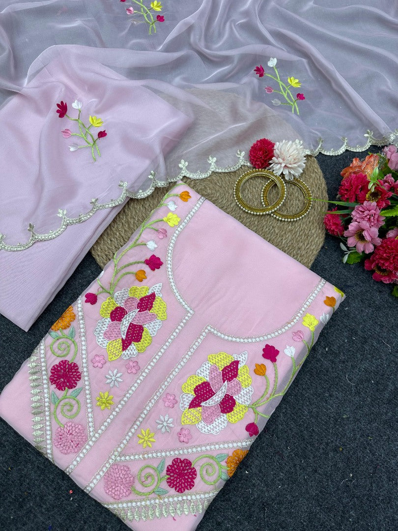 Baby pink organza thread work unstitched salwar suit