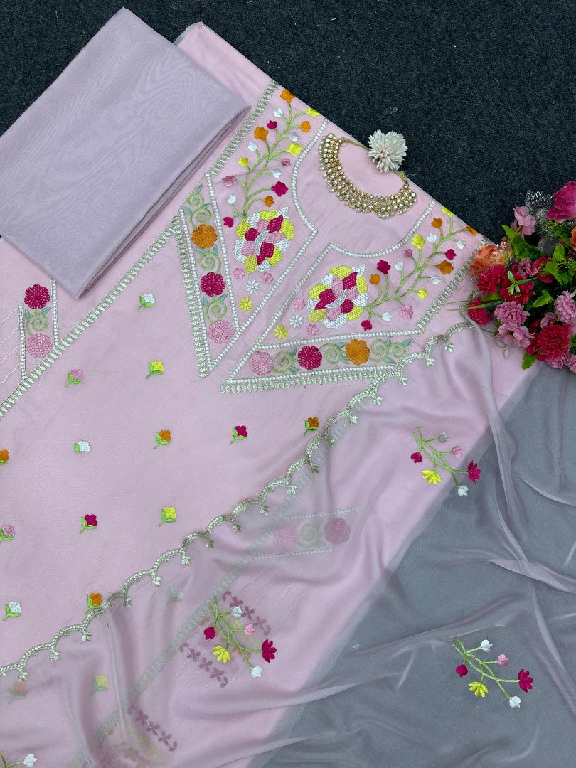 Baby pink organza thread work unstitched salwar suit